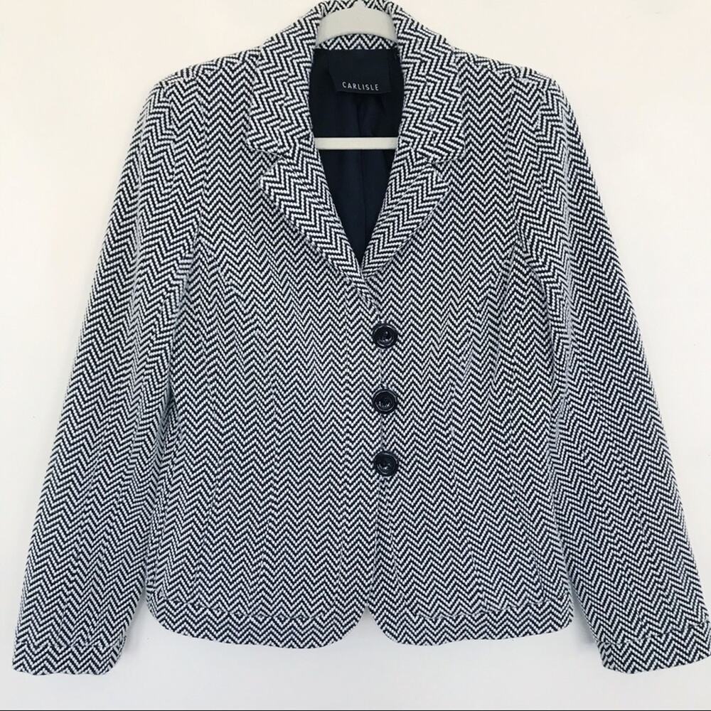 Carlisle Modern Zig-zig Chevron Wool Blazer Black and White Women's Size 10
